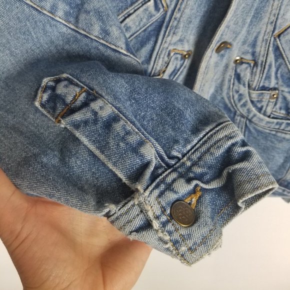 VTG 80's Womens Denim Jean Jacket Harley Davidson Patch Floral American Flag - Picture 5 of 10